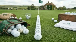 A dozen white golf balls lined up for a repetitive alignment drill on a lush British golf club putting green.