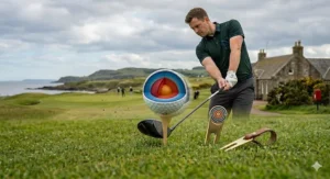 A dramatic photograph combining a golfer taking a dynamic swing with a driver on a Scottish links course and a large, translucent overlay detailing the golf ball's complex internal core structure at the moment of high-velocity impact.