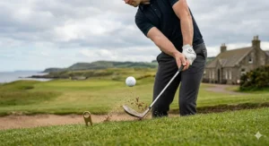 A close-up action shot capturing the moment a golfer plays a crisp chip shot from the grass adjacent to a sand bunker, with sand and grass spray frozen in motion, demonstrating high short-game spin control.