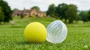 Ground-level photograph of a stained and grass-stained beginner golf ball heavily embedded within a thick, wild grass and weed water hazard penalty area (rough), illustrating the beginner's challenge.