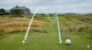 Illustration comparing the curved flight path of a slice versus the straight trajectory of a slice-reducing ball.