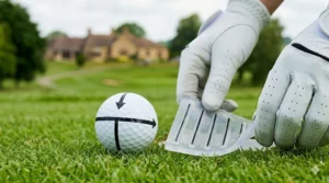 Detailed photograph of a beginner golf ball with black alignment markings sitting on a wooden tee, illustrating precise set-up for a beginner player with a soft-focus background of the clubhouse.