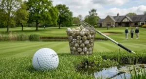 A 4K photorealistic photograph set on a pristine British golf fairway under natural light, featuring a premium Titleist Pro V1 ball next to a flourishing water hazard, and a weathered metal basket overflowing with sorted recycled lake balls, demonstrating the eco-friendly and practical value of used golf balls.