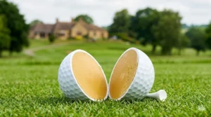 A detailed close-up of a white beginner golf ball with prominent black alignment lines and arrows, positioned for a putt on the green near a hole, with the golf course background blurred.