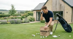 A detailed view of a grading and inspection workshop where cheap bulk golf balls are sorted into plastic storage bins labelled A Grade, B Grade, C Grade, and Practice Only.