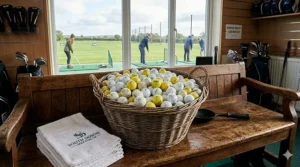A rustic wooden crate overflowing with affordable wholesale golf balls, ideal for high-volume practice sessions.