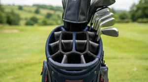 A top-down view of a golf bag featuring 14 individual dividers for easy club retrieval.