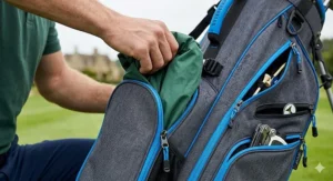 Multiple zipped pockets on a value golf stand bag, ideal for storing accessories.
