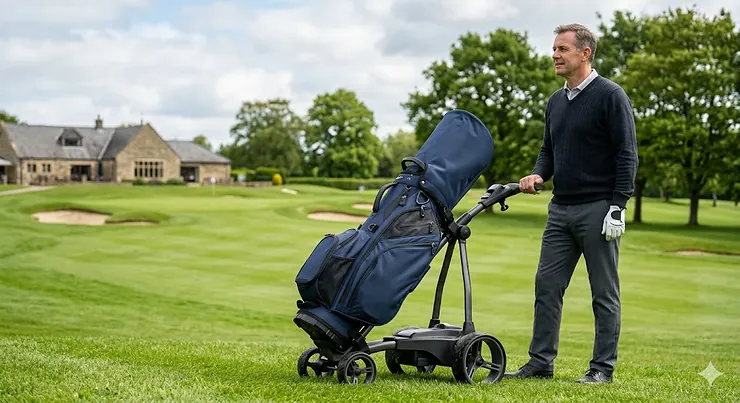 A premium golf bag for electric trolley securely fitted on a cart at a scenic UK golf course. golf bag for electric trolley