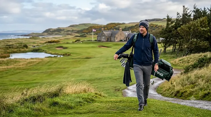 A premium waterproof golf stand bag displayed on a lush green UK golf course, showcasing its lightweight design and strap system. golf stand bag