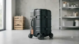 A soft-sided golf travel bag being folded for easy storage at home.