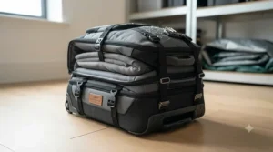 A foldable golf club travel bag being stored away, highlighting its space-saving design for home storage.