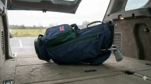 A compact golf pencil bag folded for easy storage in a car boot or locker.