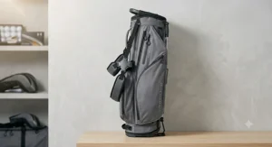 A compact lightweight golf stand bag showing its slim profile when stored.