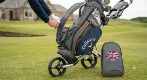 Close-up of the removable or customisable belly pocket panel on a premium golf staff bag.