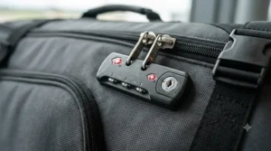 Close-up of a robust TSA-approved combination lock on a padded golf travel bag for secure international flights.