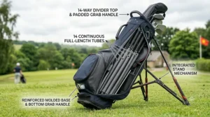 A diagram highlighting the 14-way full-length internal tubes and reinforced base of the golf bag.
