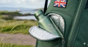 Insulated side pocket on a golf carry bag for keeping drinks cool during a round.
