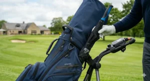 A stylish golf bag for electric trolley perfectly colour-matched to a modern electric cart.