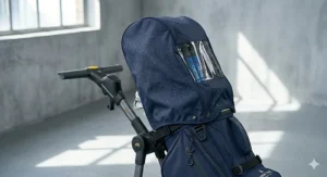 Protective rain hood attached to a waterproof cart bag for maximum club protection.