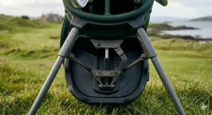 Reliable, automatic stand mechanism for a stable golf carry bag on uneven ground.