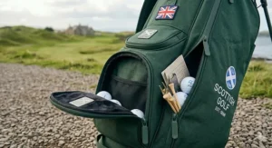 Multiple storage pockets on a golf carry bag for balls, tees, and apparel.