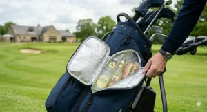 A golf bag for electric trolley including a large insulated cooler pocket for drinks and snacks.