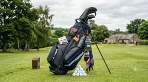 A person testing the water-resistant fabric and sealed pockets of a golf bag with a bottle of water.