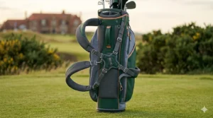 Rear view of a golf carry bag showing the adjustable ergonomic dual strap system.
