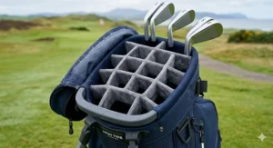 Multi-way club divider system in waterproof golf cart bag for easy organisation on the course.