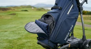 Spacious waterproof storage pockets for golf apparel and accessories on a cart bag.
