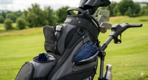 Side view of the golf cart bag showing accessible storage pockets for clothing and golf accessories.