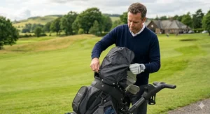 The golf cart bag shown with the protective rain hood attached for added coverage in unpredictable British weather.