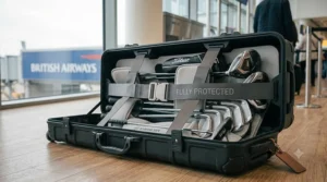 A full set of golf clubs safely packed inside a protective golf travel bag.