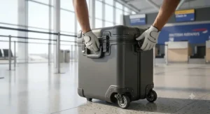 A full set of golf clubs and accessories neatly and safely secured inside the custom-moulded interior of a protective hard golf travel case.