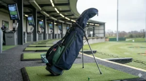 Using a compact golf pencil bag at a local driving range for practice sessions.