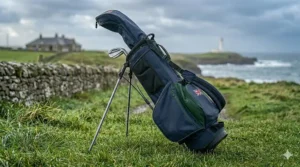 A sturdy golf pencil bag featuring an easy-deploy stand to keep gear clean and dry.