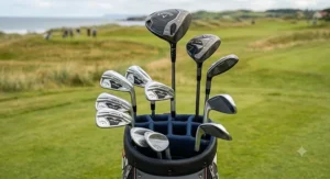 Close-up view of the multi-way club dividers in a professional golf staff bag, showing organised irons and woods.