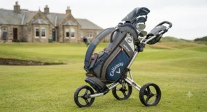 A sturdy golf staff bag secured onto a golf trolley, highlighting base stability and fit.