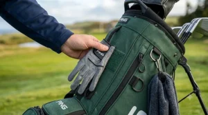 Close-up of the integrated towel loop and glove holder on a modern golf stand bag.