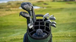 An open top view of a golf stand bag showing the 14-way divider system to keep golf clubs organised during a round.