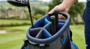 Four-way divider system inside a compact golf stand bag for organised club storage.