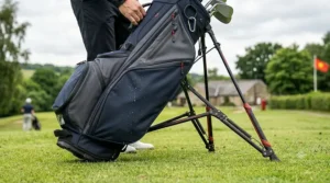 The sturdy, automatic stand mechanism deployed on a 14-divider golf bag for stability on the green.