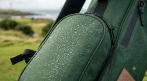 The fitted rain hood attached to the top of the waterproof golf stand bag.