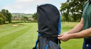 A golf stand bag fitted with a protective rain hood for unpredictable British weather.