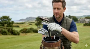 Close-up of a golfer selecting a club from a minimalist golf sunday bag.