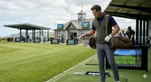 A golfer with a compact golf sunday bag at a local driving range.