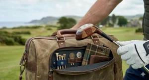 Detail view of the essential pockets on a slim-profile golf sunday bag.