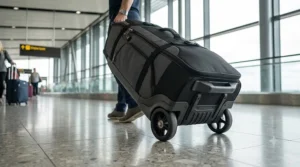 A golfer navigating an airport terminal with a wheeled golf travel bag equipped with a reliable TSA lock.