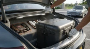 A hard-shell golf travel case being loaded into the boot of a car, showcasing its practical size for travel.